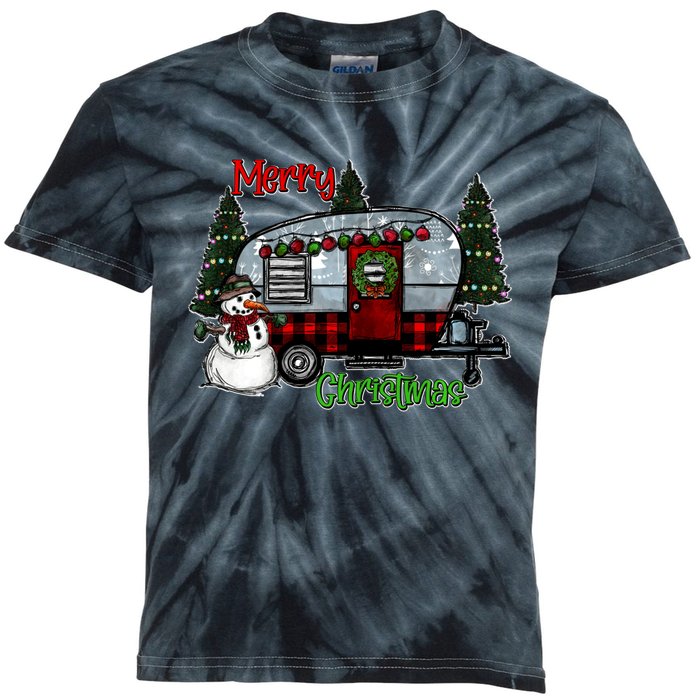 Merry Christmas Camper Light Snowman Hippie Christmas Tree Kids Tie-Dye T-Shirt