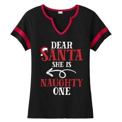 Matching Couples Christmas Dear Santa She Is Naughty One Cute Gift Ladies Halftime Notch Neck Tee