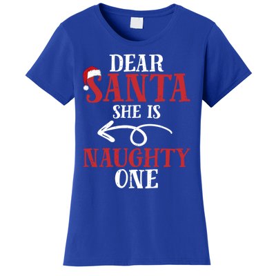 Matching Couples Christmas Dear Santa She Is Naughty One Cute Gift Women's T-Shirt