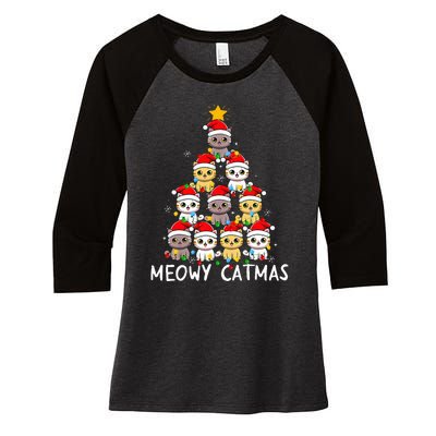 Meowy Catmas Cat Christmas Tree Xmas  Funny Santa  Women's Tri-Blend 3/4-Sleeve Raglan Shirt