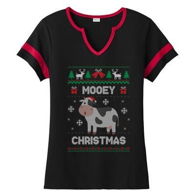 Mooey Christmas Cow Santa Claus Hat Ugly Christmas Sweater Ladies Halftime Notch Neck Tee