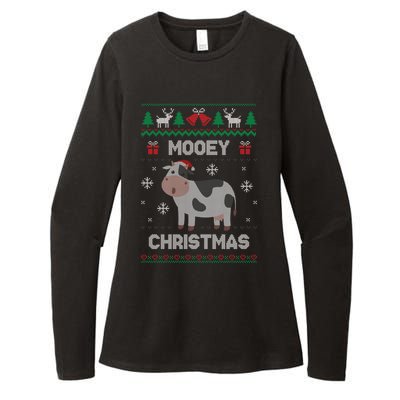 Mooey Christmas Cow Santa Claus Hat Ugly Christmas Sweater Womens CVC Long Sleeve Shirt