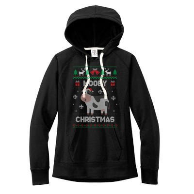 Mooey Christmas Cow Santa Claus Hat Ugly Christmas Sweater Women's Fleece Hoodie