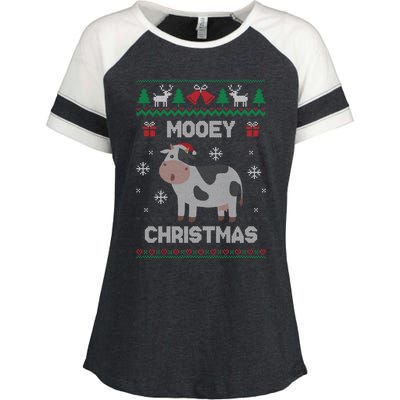 Mooey Christmas Cow Santa Claus Hat Ugly Christmas Sweater Enza Ladies Jersey Colorblock Tee