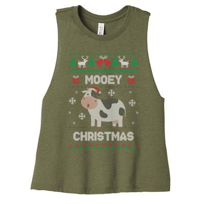 Mooey Christmas Cow Santa Claus Hat Ugly Christmas Sweater Women's Racerback Cropped Tank