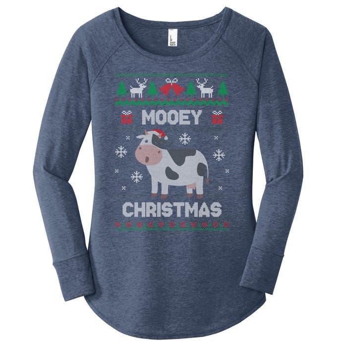 Mooey Christmas Cow Santa Claus Hat Ugly Christmas Sweater Women's Perfect Tri Tunic Long Sleeve Shirt