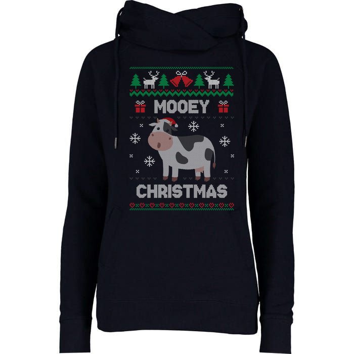 Mooey Christmas Cow Santa Claus Hat Ugly Christmas Sweater Womens Funnel Neck Pullover Hood