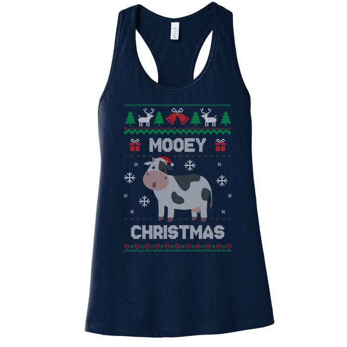 Mooey Christmas Cow Santa Claus Hat Ugly Christmas Sweater Women's Racerback Tank