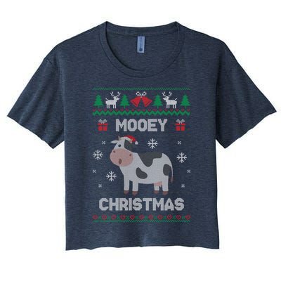 Mooey Christmas Cow Santa Claus Hat Ugly Christmas Sweater Women's Crop Top Tee