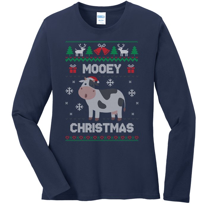 Mooey Christmas Cow Santa Claus Hat Ugly Christmas Sweater Ladies Long Sleeve Shirt