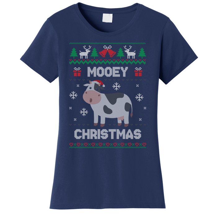 Mooey Christmas Cow Santa Claus Hat Ugly Christmas Sweater Women's T-Shirt