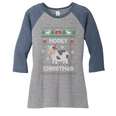 Mooey Christmas Cow Santa Claus Hat Ugly Christmas Sweater Women's Tri-Blend 3/4-Sleeve Raglan Shirt