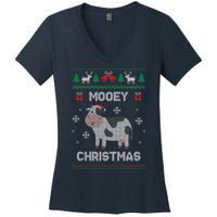 Mooey Christmas Cow Santa Claus Hat Ugly Christmas Sweater Women's V-Neck T-Shirt