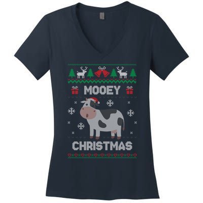 Mooey Christmas Cow Santa Claus Hat Ugly Christmas Sweater Women's V-Neck T-Shirt