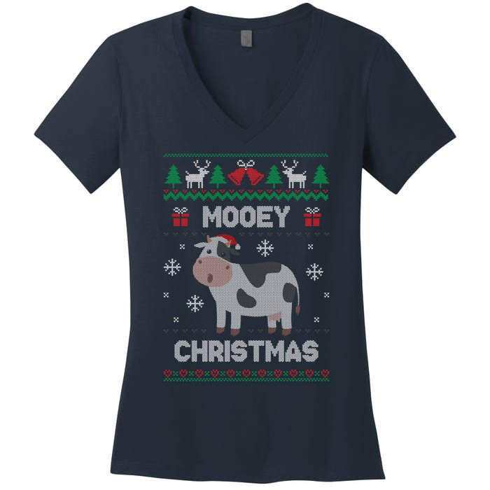 Mooey Christmas Cow Santa Claus Hat Ugly Christmas Sweater Women's V-Neck T-Shirt