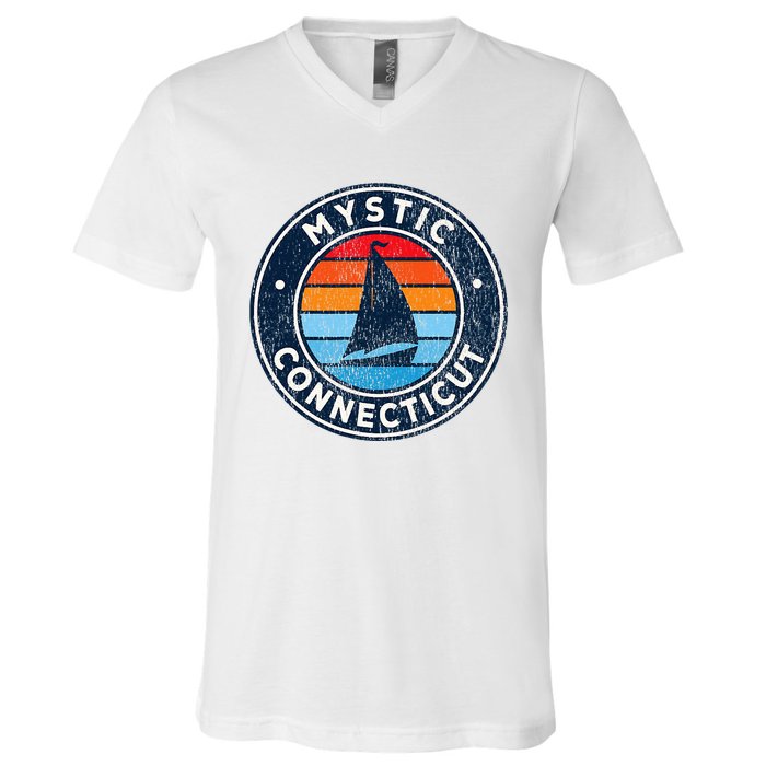 Mystic Connecticut Ct Vintage Sailboat V-Neck T-Shirt