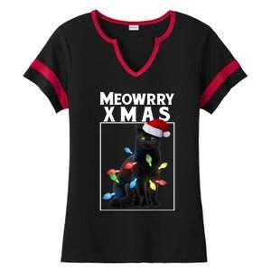 Meowy Christmas Cat With Lights And Santa Hat Ladies Halftime Notch Neck Tee