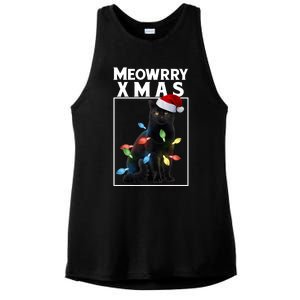 Meowy Christmas Cat With Lights And Santa Hat Ladies PosiCharge Tri-Blend Wicking Tank