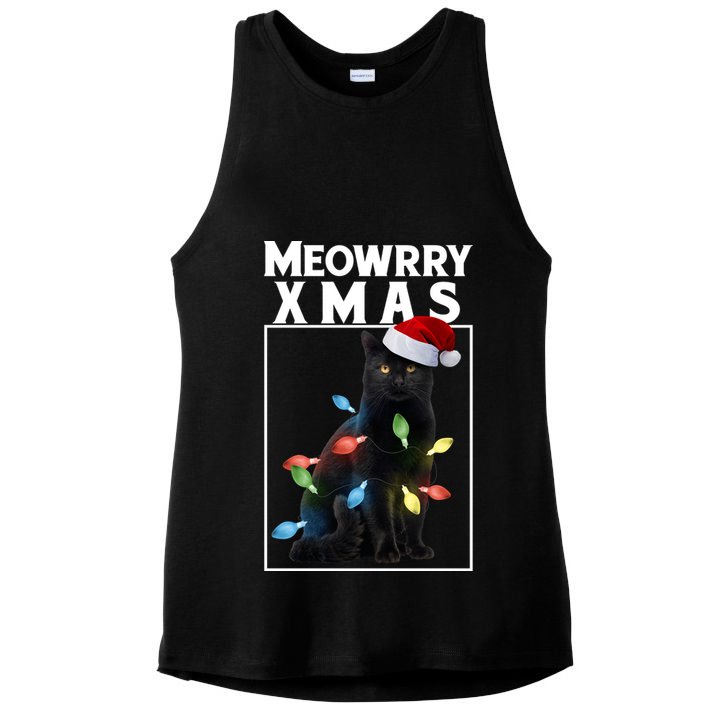 Meowy Christmas Cat With Lights And Santa Hat Ladies PosiCharge Tri-Blend Wicking Tank