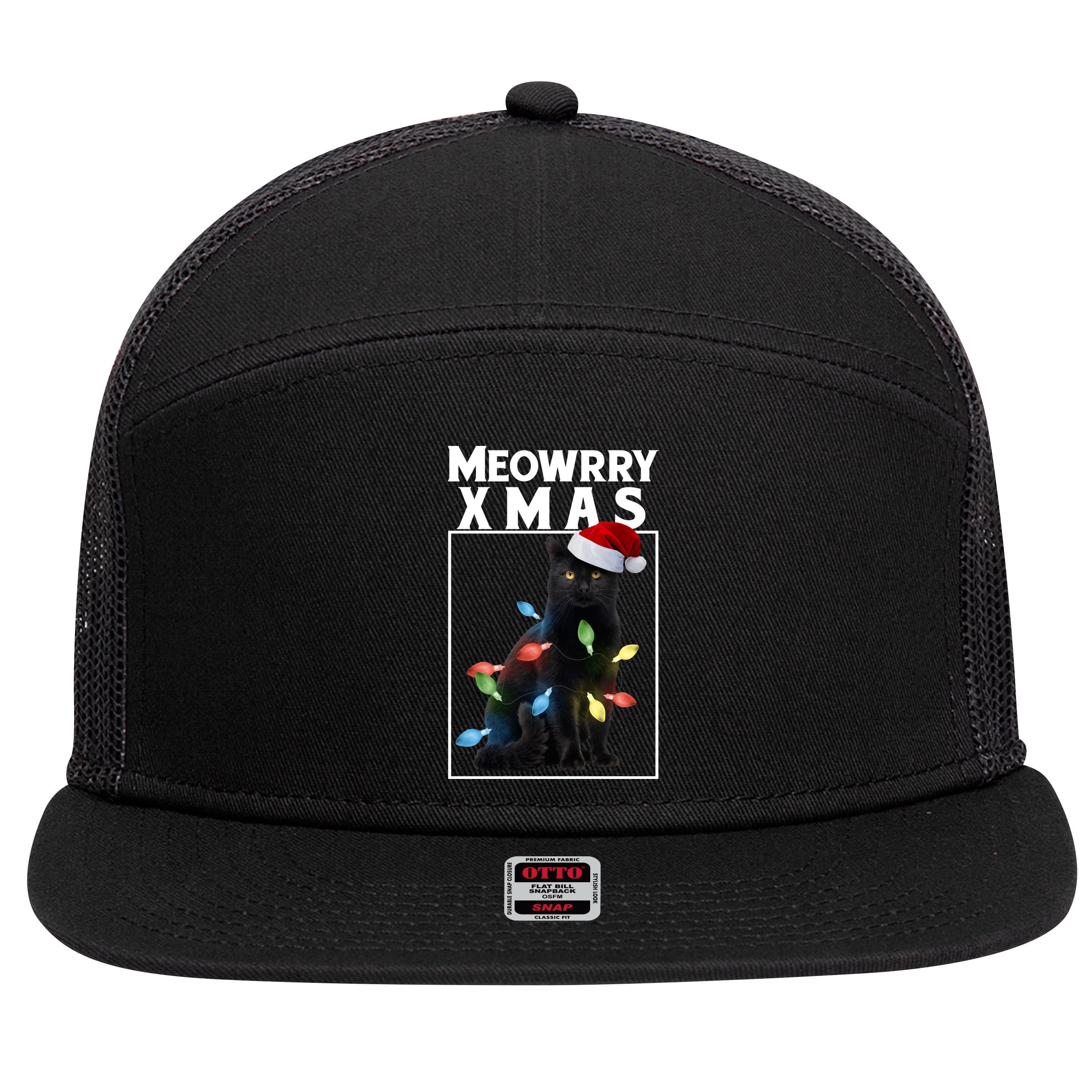 Meowy Christmas Cat With Lights And Santa Hat 7 Panel Mesh Trucker Snapback Hat