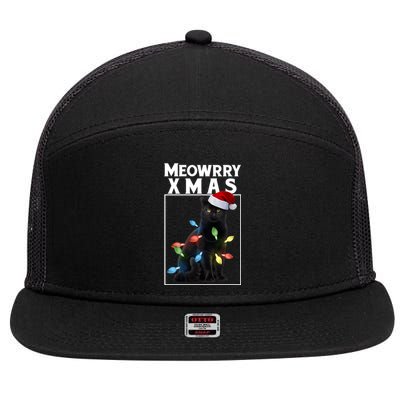 Meowy Christmas Cat With Lights And Santa Hat 7 Panel Mesh Trucker Snapback Hat