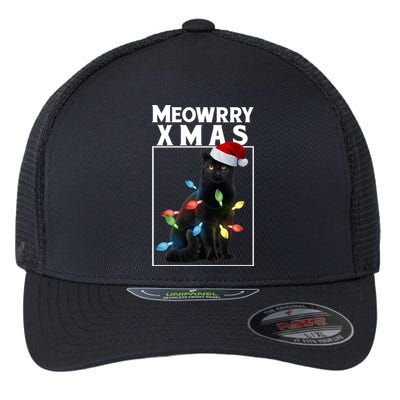 Meowy Christmas Cat With Lights And Santa Hat Flexfit Unipanel Trucker Cap