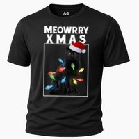 Meowy Christmas Cat With Lights And Santa Hat Cooling Performance Crew T-Shirt