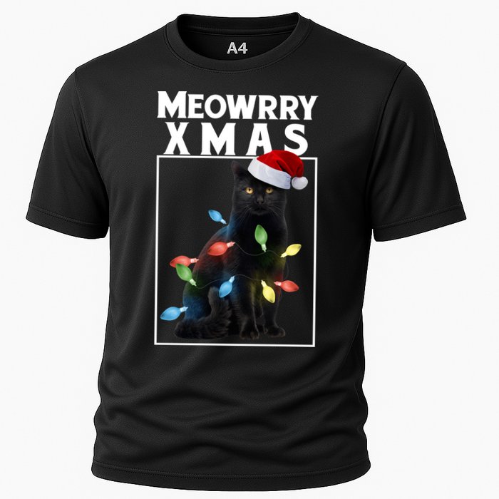 Meowy Christmas Cat With Lights And Santa Hat Cooling Performance Crew T-Shirt