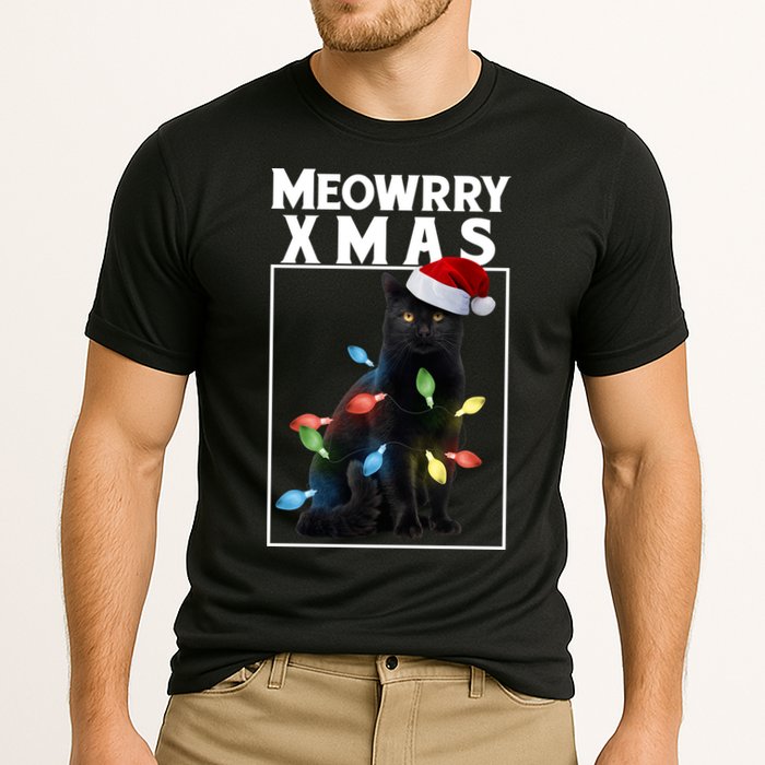 Meowy Christmas Cat With Lights And Santa Hat Cooling Performance Crew T-Shirt