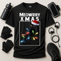 Meowy Christmas Cat With Lights And Santa Hat Cooling Performance Crew T-Shirt