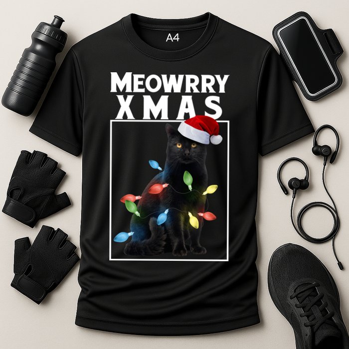 Meowy Christmas Cat With Lights And Santa Hat Cooling Performance Crew T-Shirt