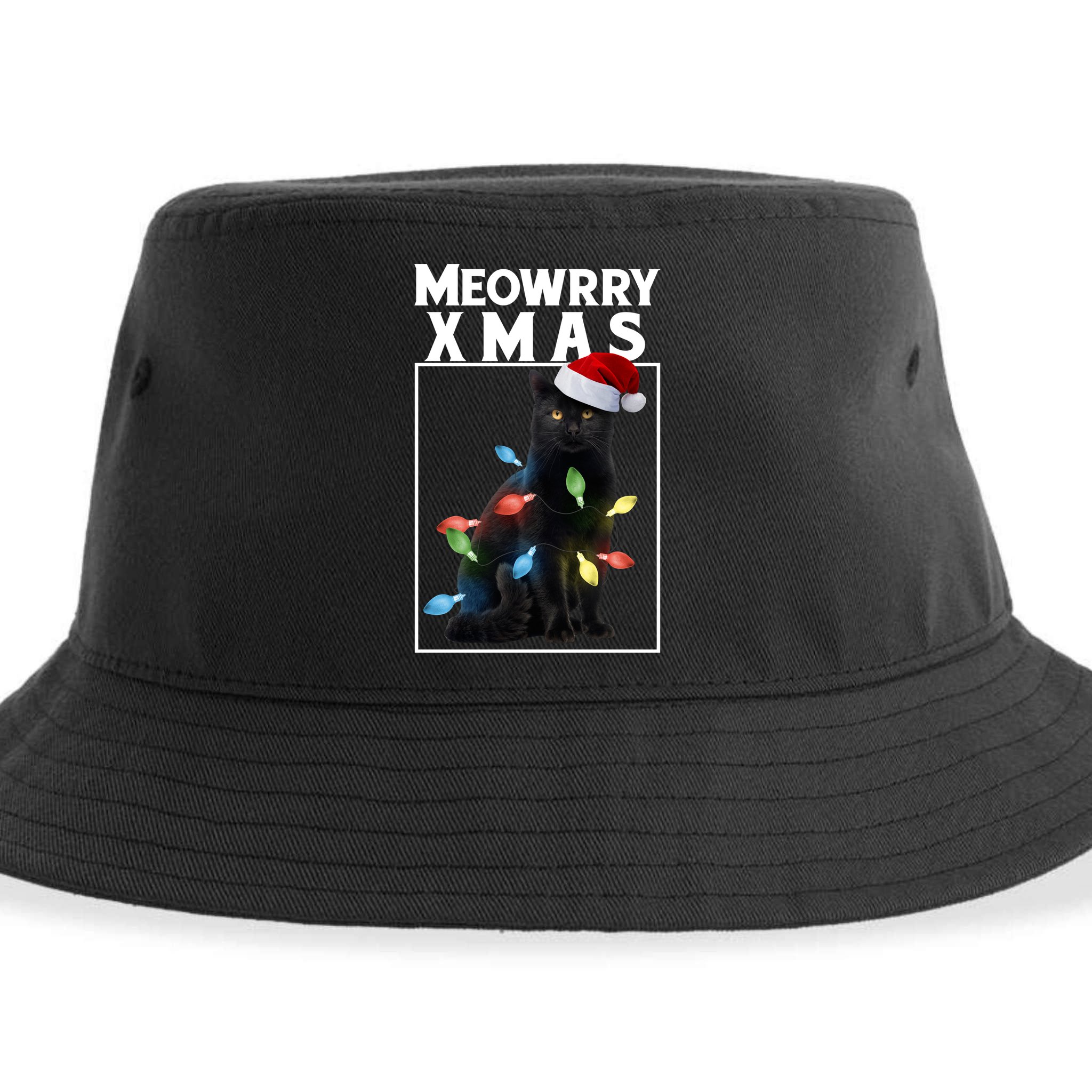 Meowy Christmas Cat With Lights And Santa Hat Sustainable Bucket Hat