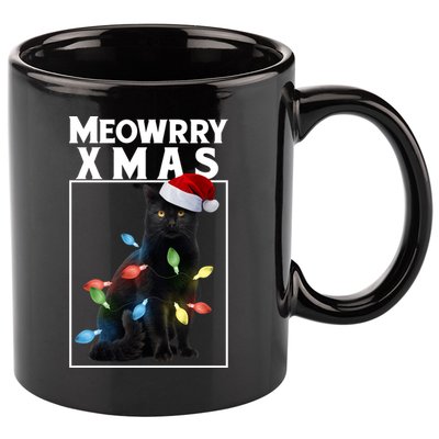 Meowy Christmas Cat With Lights And Santa Hat 11oz C Handle Ceramic Mug