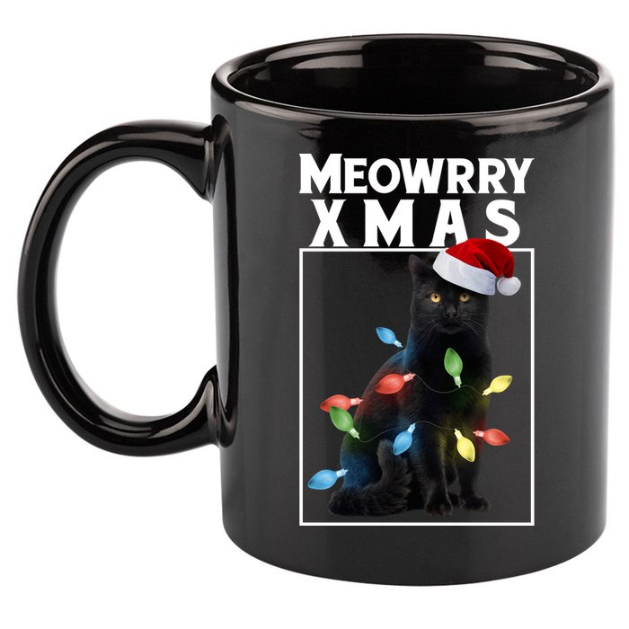 Meowy Christmas Cat With Lights And Santa Hat 11oz C Handle Ceramic Mug
