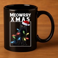Meowy Christmas Cat With Lights And Santa Hat 11oz C Handle Ceramic Mug