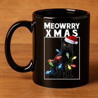 Meowy Christmas Cat With Lights And Santa Hat 11oz C Handle Ceramic Mug