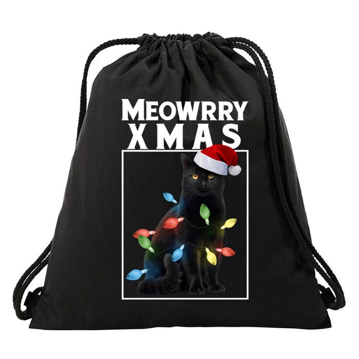 Meowy Christmas Cat With Lights And Santa Hat Drawstring Bag