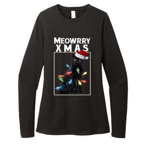 Meowy Christmas Cat With Lights And Santa Hat Womens CVC Long Sleeve Shirt