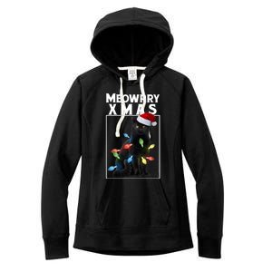 Meowy Christmas Cat With Lights And Santa Hat Women's Fleece Hoodie