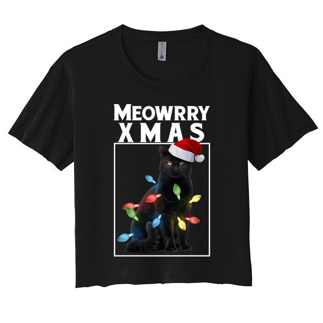 Meowy Christmas Cat With Lights And Santa Hat Crop Top