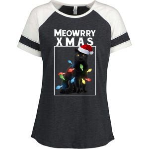 Meowy Christmas Cat With Lights And Santa Hat Enza Ladies Jersey Colorblock Tee