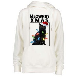 Meowy Christmas Cat With Lights And Santa Hat Womens Funnel Neck Pullover Hood