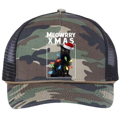 Meowy Christmas Cat With Lights And Santa Hat Retro Rope Trucker Hat Cap