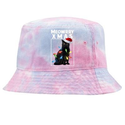 Meowy Christmas Cat With Lights And Santa Hat Tie-Dyed Bucket Hat