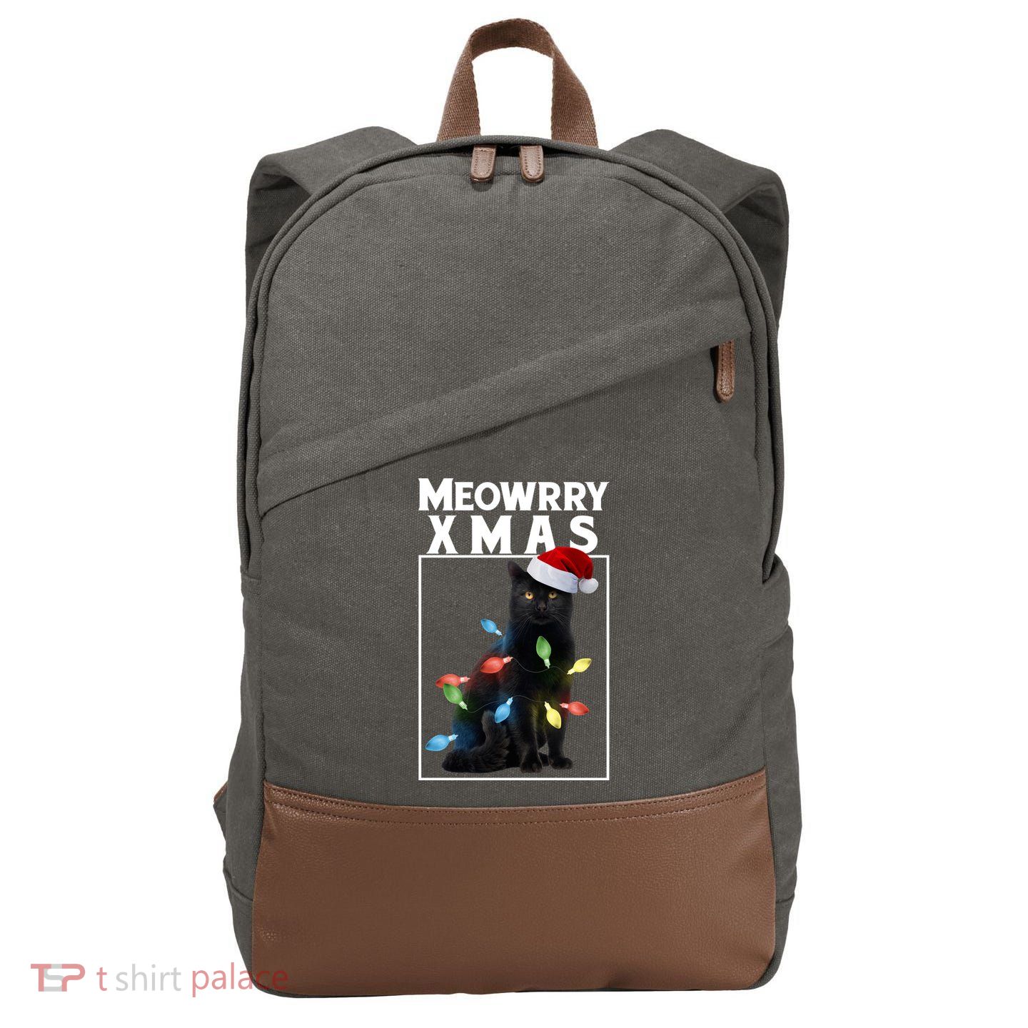 Meowy Christmas Cat With Lights And Santa Hat Cotton Canvas Backpack