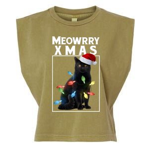 Meowy Christmas Cat With Lights And Santa Hat Garment-Dyed Women's Muscle Tee