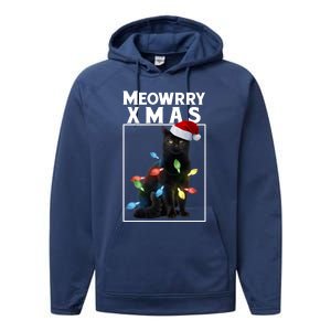 Meowy Christmas Cat With Lights And Santa Hat Performance Fleece Hoodie