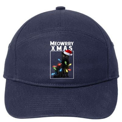 Meowy Christmas Cat With Lights And Santa Hat 7-Panel Snapback Hat