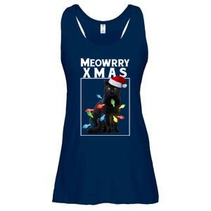 Meowy Christmas Cat With Lights And Santa Hat Ladies Essential Flowy Tank