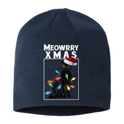 Meowy Christmas Cat With Lights And Santa Hat Sustainable Beanie